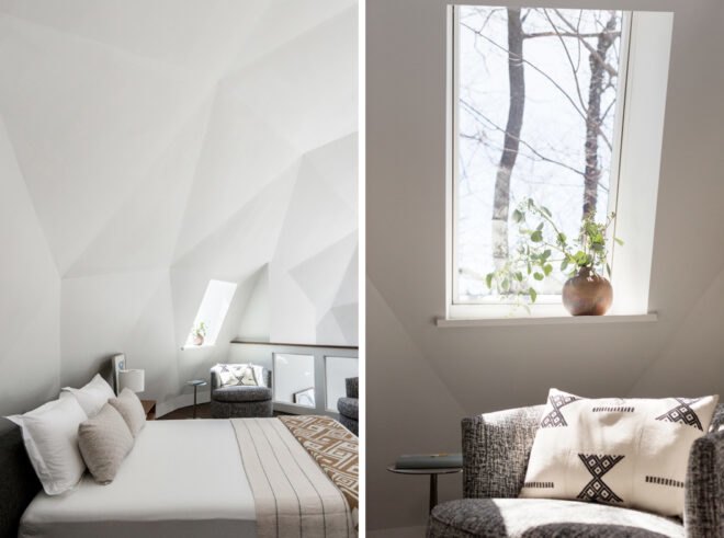 beige bedroom inside a geodesic dome