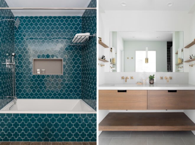 bathroom with teal tiled shower and white and wood sink