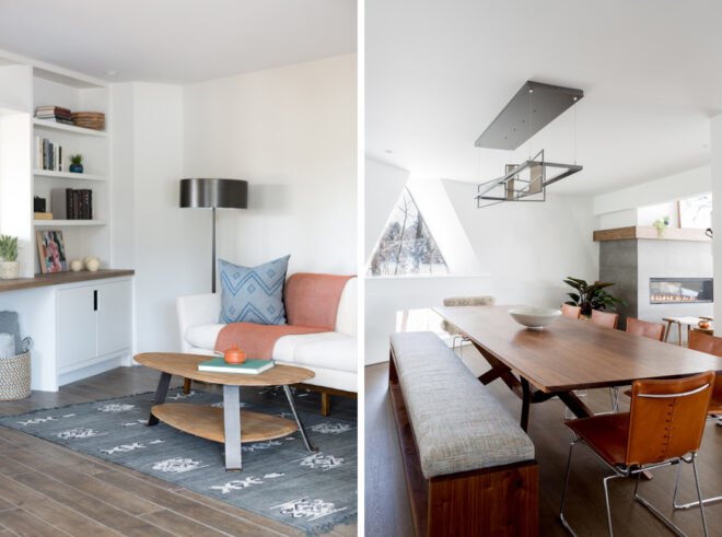 open-plan living area with white sofa and long wood dining table