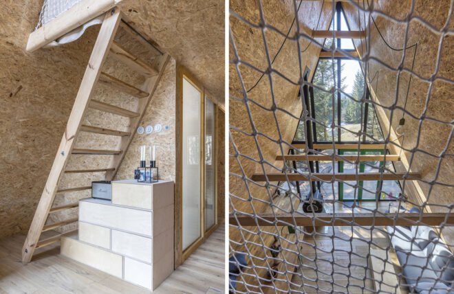 wood stairs leading to loft with netting