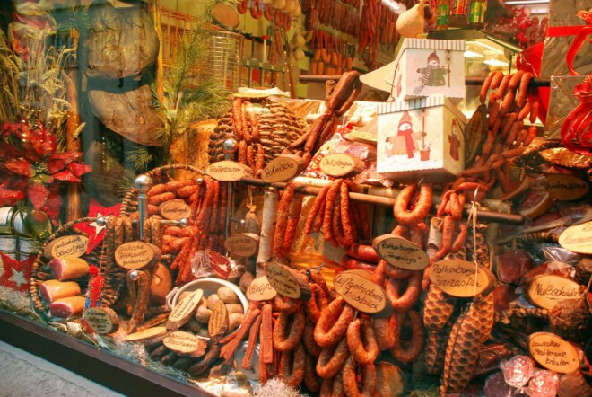storefront window of meat market in Germany