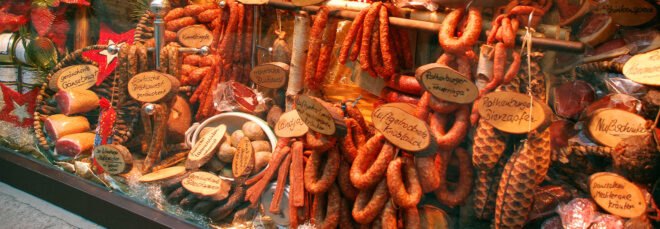 storefront window of meat market in Germany