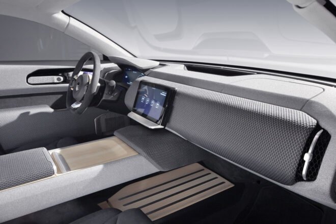gray interior with wood accents of solar-powered car
