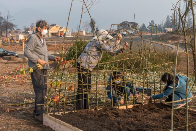 people building a garden with old branches