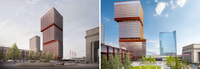 rendering of tan rectangular tower next to a segmented red tower