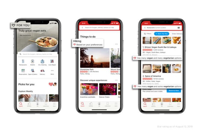 screenshots of vegan personalized Yelp app