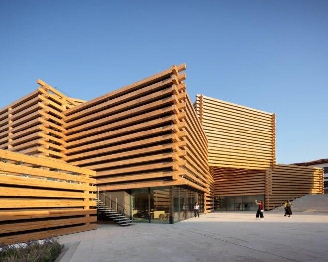 staggered timber building