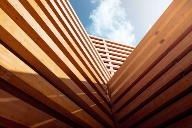 close-up of timber exterior of museum