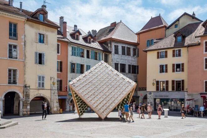 geometric pavilion in a public square
