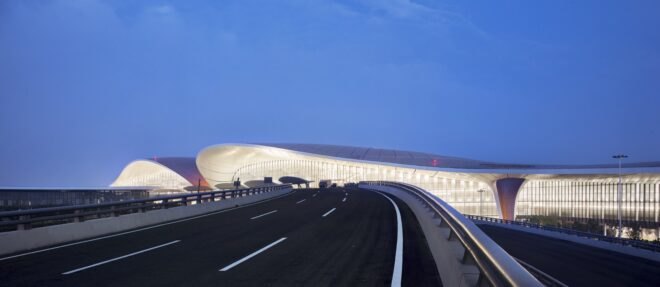 airport exterior with curving rooflines