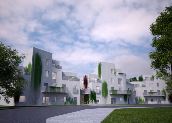 white block of apartments with green walls