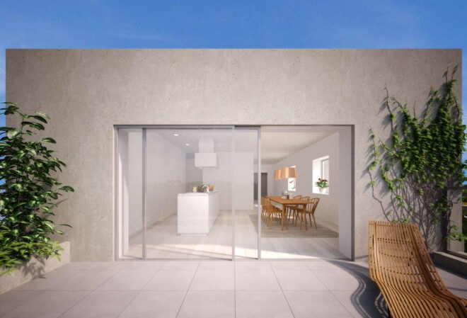 modern construction with large sliding glass door