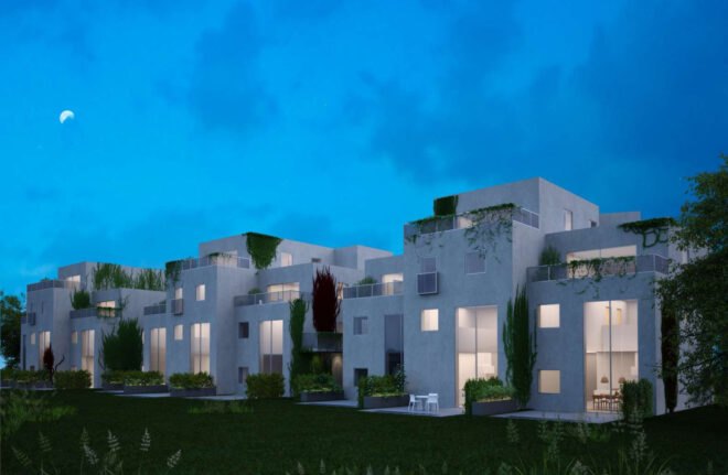 rendering of white block of apartments with green walls