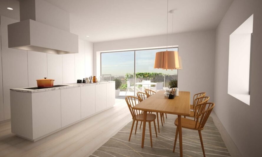 rendering of wood dining table near sliding glass doors