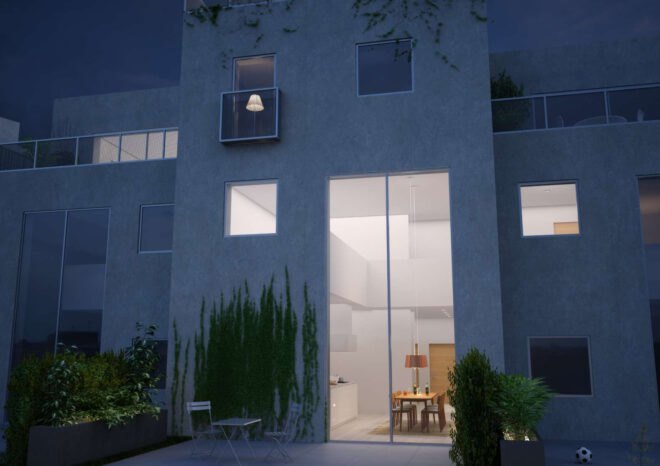 rendering of large doors as entrance to apartment building