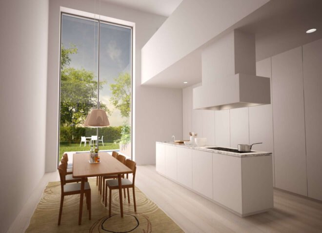 rendering of white kitchen and wood dining table