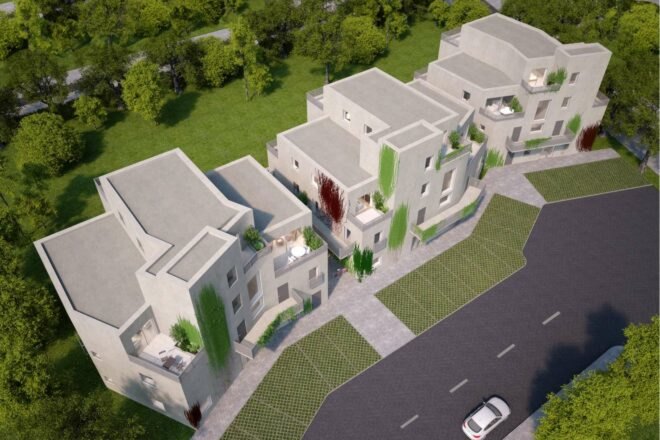 aerial rendering of white block of apartments with green walls