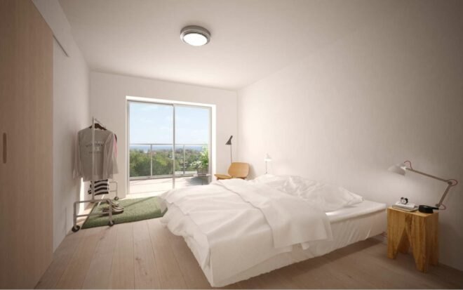rendering of large white bed in room with sliding glass doors