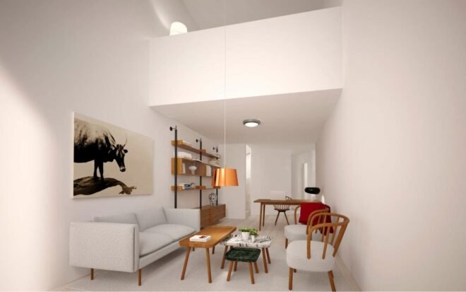 rendering of open-plan living room in an apartment