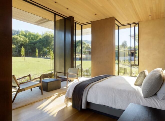 large bedroom with glazed walls