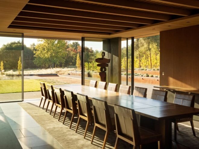 large dining table with glazed wall
