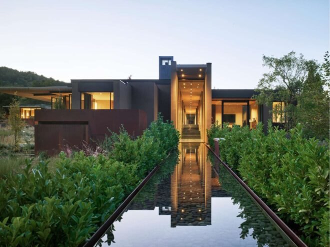 large pool leading up to home