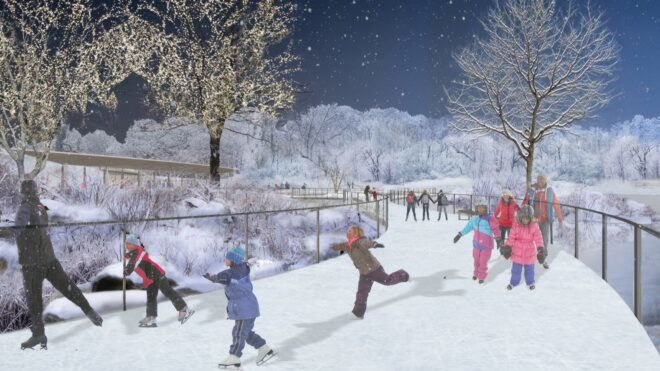 rendering of people ice skating on a path