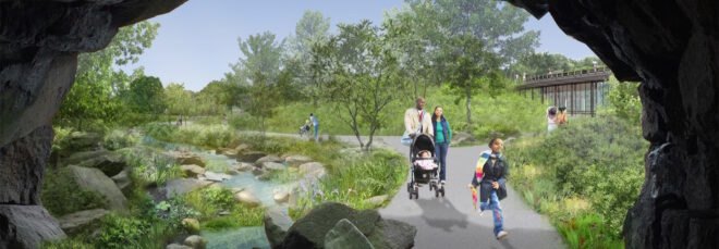 rendering of family walking by a stream in Central Park