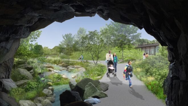 rendering of family walking by a stream in Central Park