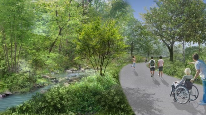 rendering of people on a path beside a stream in a park