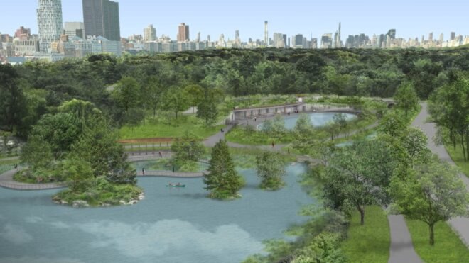 rendering of pond and pool in Central Park