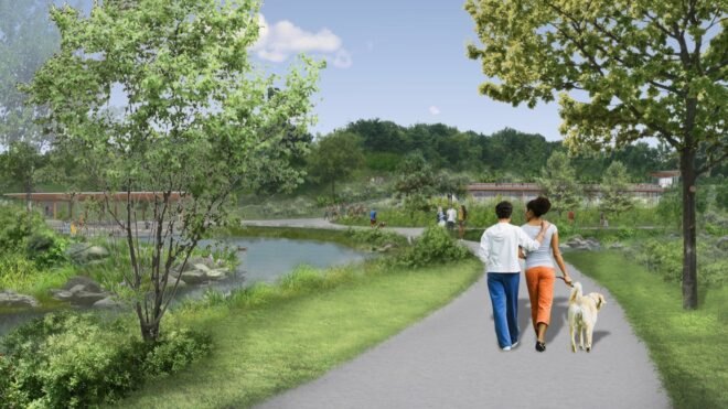 rendering of people walking through Central Park