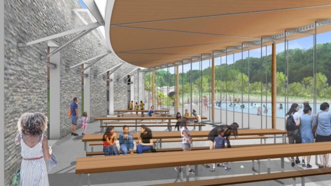 rendering of interior with wood picnic tables
