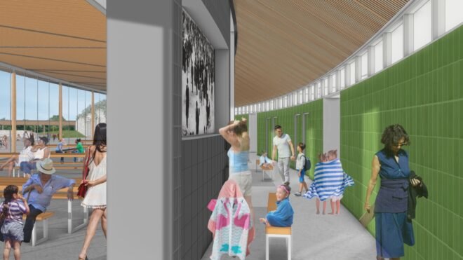 rendering of hallway leading to locker rooms