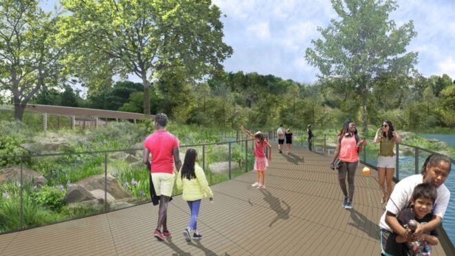 rendering of people walking on wood path through a park and over a pond
