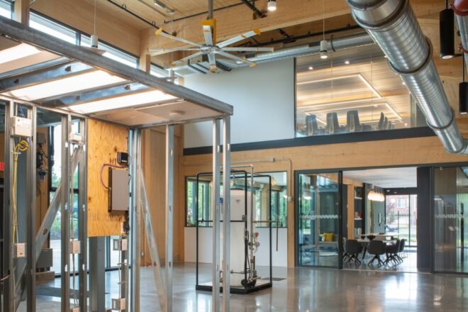 wood and metal interior of lab building