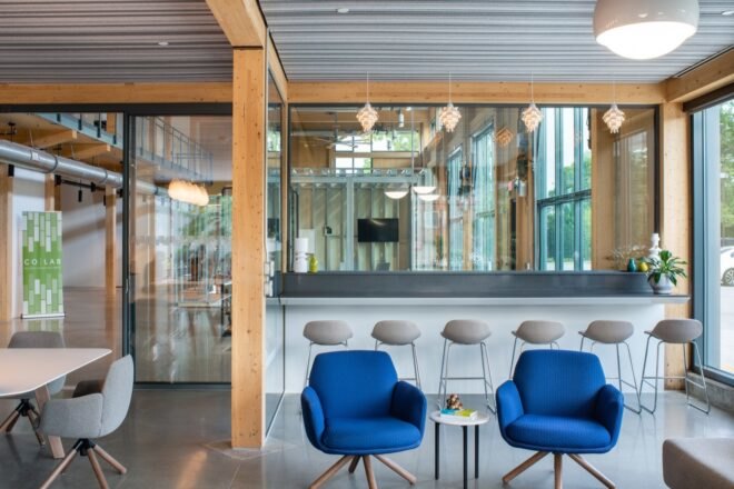 blue chairs in a lounge area
