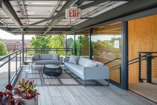 gray sofas on outdoor balcony