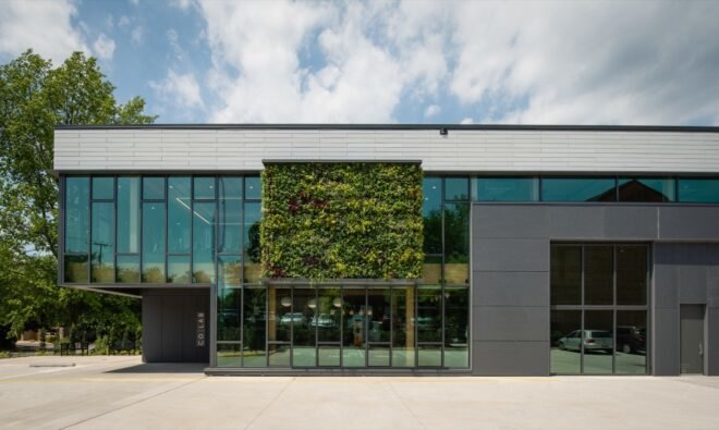 white building with a green wall