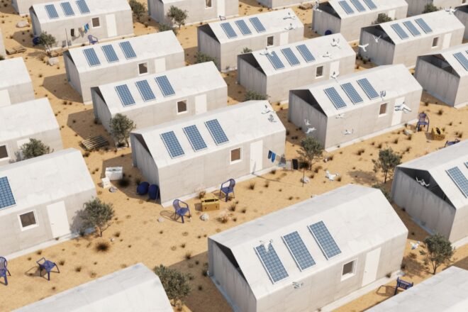 rendering of rows of gray gabled homes with solar panels