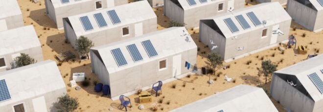 rendering of rows of gray gabled homes with solar panels
