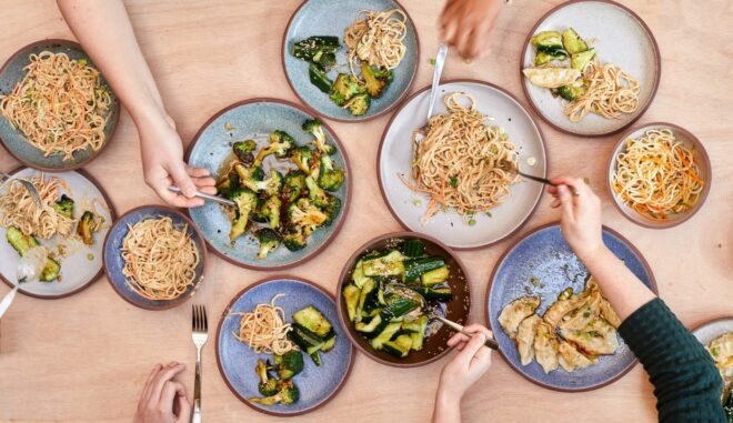various plates with food on them