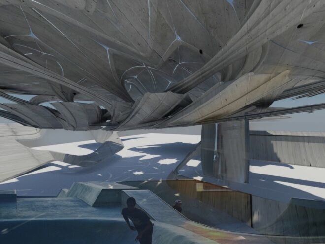 rendering of interior of curvy crematorium building