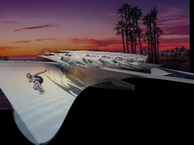 rendering of person on skateboard in a curving building park area