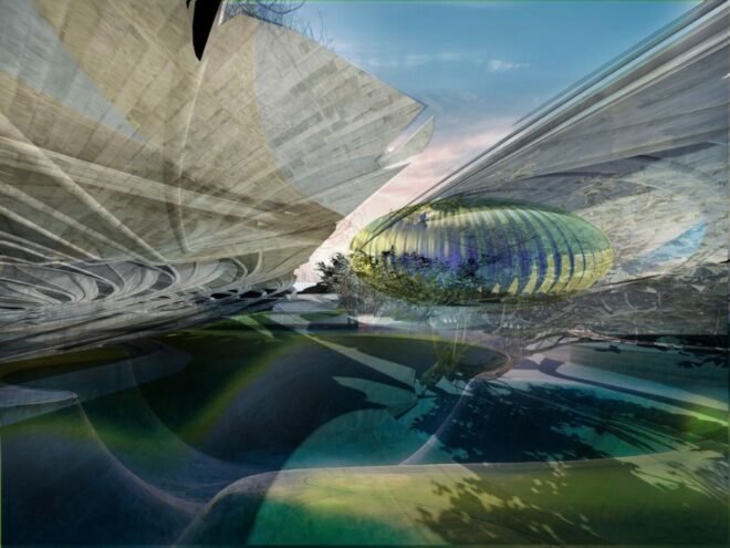 rendering of curving crematorium building with pools