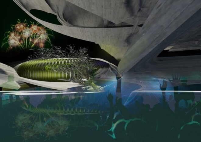 rendering of curving crematorium building with holograms