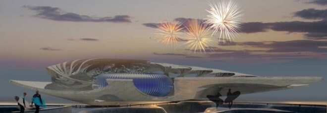 rendering of curving crematorium building