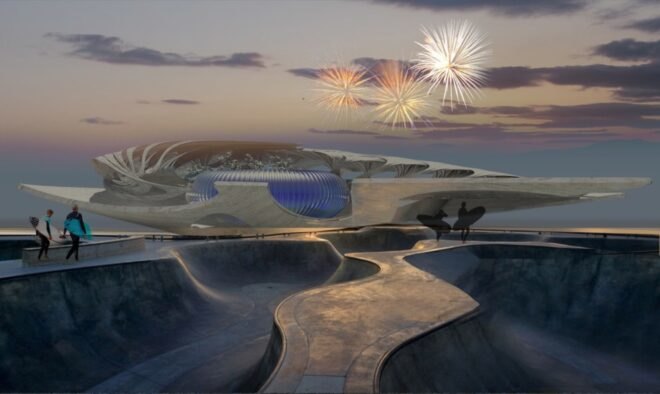 rendering of curving crematorium building