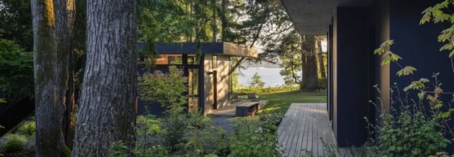 black modern cabin in forest with outdoor deck