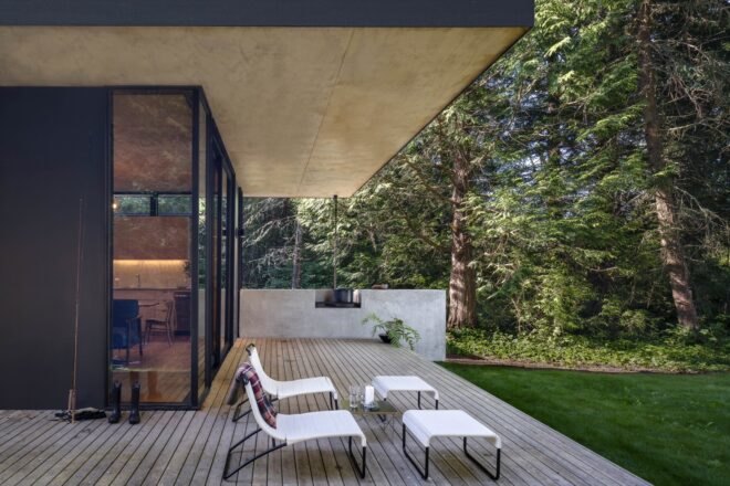 black modern cabin in forest with outdoor wooden deck